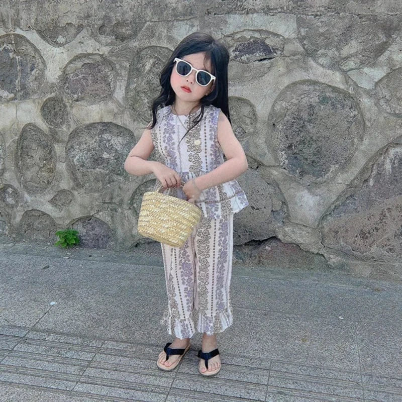 ノースリーブセットアップ キッズセットアップ 2点セット ノースリーブペプラムトップス+ワイドルーズパンツ【mh0005760】