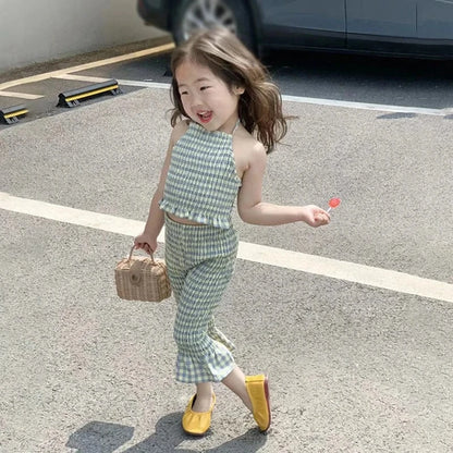 ノースリーブセットアップ キッズセットアップ 2点セット キャミソールバックリボントップス+フレアクロップドパンツ チェック【mh0005763】