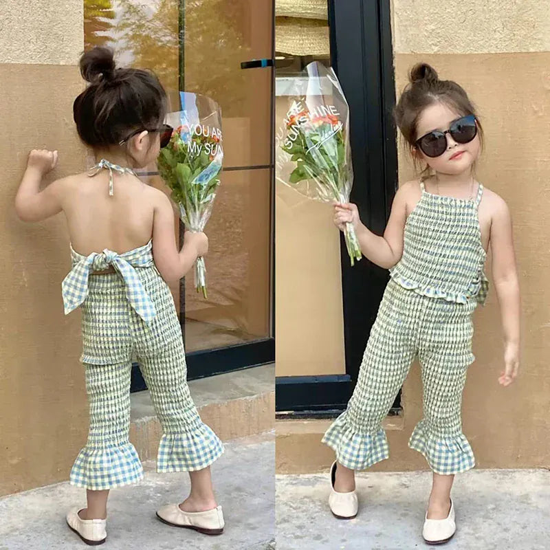 ノースリーブセットアップ キッズセットアップ 2点セット キャミソールバックリボントップス+フレアクロップドパンツ チェック【mh0005763】