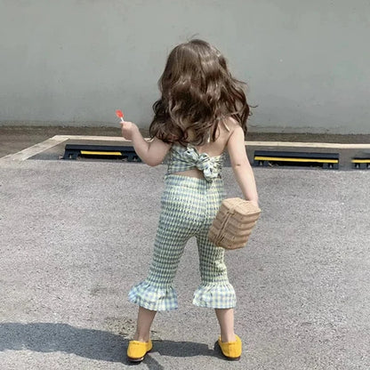 ノースリーブセットアップ キッズセットアップ 2点セット キャミソールバックリボントップス+フレアクロップドパンツ チェック【mh0005763】