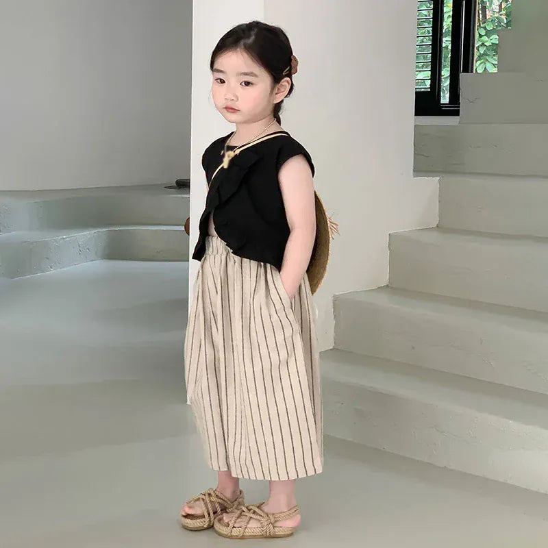 ノースリーブセットアップ キッズセットアップ 2点セット ノースリーブトップス+ストライプワイドルーズガウチョパンツ【mh0005789】