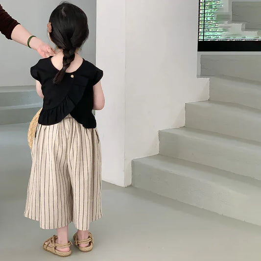 ノースリーブセットアップ キッズセットアップ 2点セット ノースリーブトップス+ストライプワイドルーズガウチョパンツ【mh0005789】