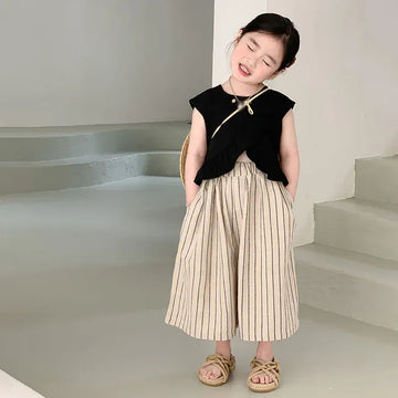 ノースリーブセットアップ キッズセットアップ 2点セット ノースリーブトップス+ストライプワイドルーズガウチョパンツ【mh0005789】