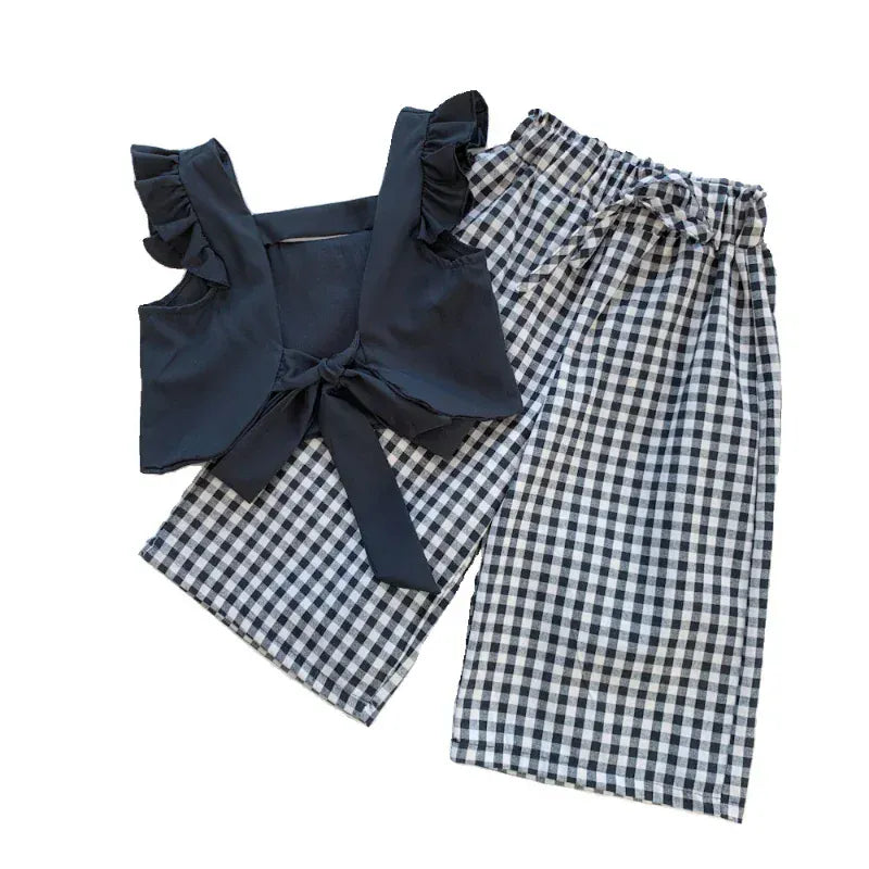 ノースリーブセットアップ キッズセットアップ 2点セット ノースリーブフリルトップス+チェックワイドルーズパンツ【mh0005791】