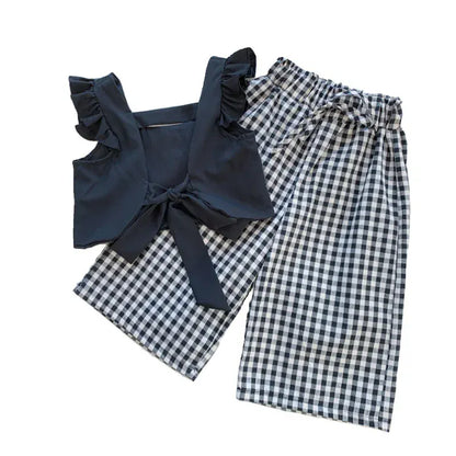 ノースリーブセットアップ キッズセットアップ 2点セット ノースリーブフリルトップス+チェックワイドルーズパンツ【mh0005791】