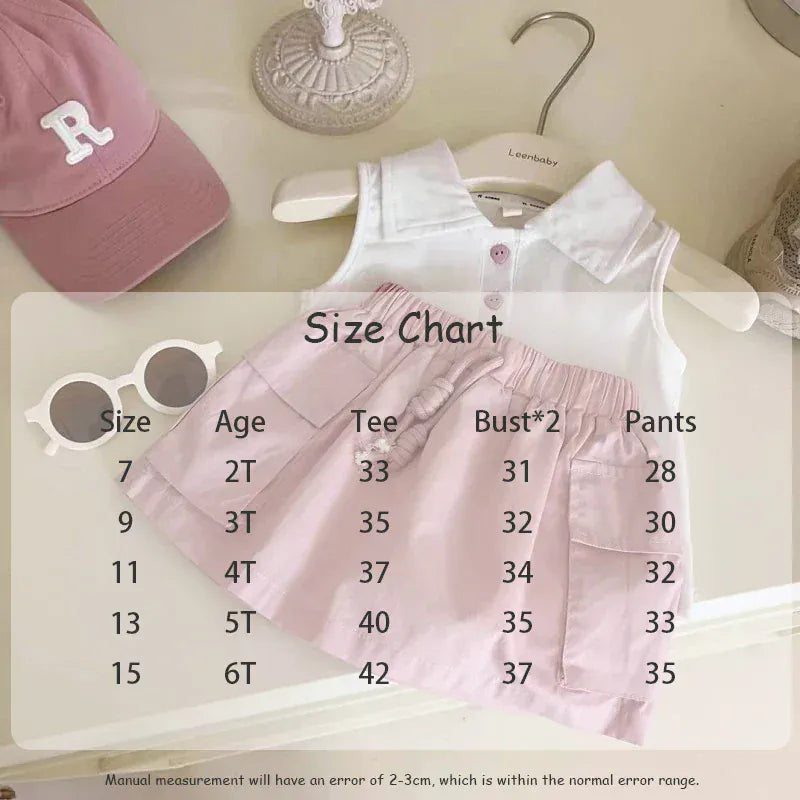 ノースリーブセットアップ キッズセットアップ 2点セット ノースリーブポロシャツ+カーゴスカート ピンク【mh0005807】