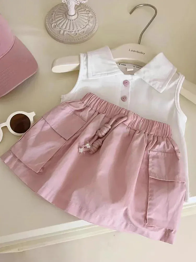 ノースリーブセットアップ キッズセットアップ 2点セット ノースリーブポロシャツ+カーゴスカート ピンク【mh0005807】