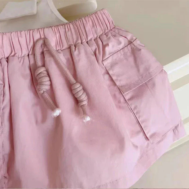 ノースリーブセットアップ キッズセットアップ 2点セット ノースリーブポロシャツ+カーゴスカート ピンク【mh0005807】