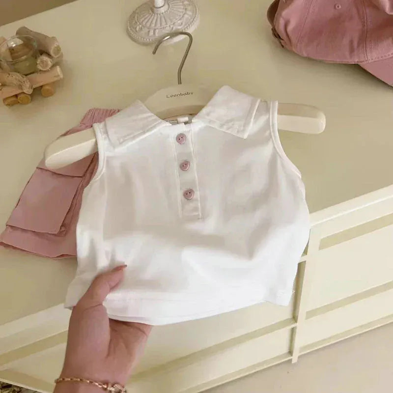 ノースリーブセットアップ キッズセットアップ 2点セット ノースリーブポロシャツ+カーゴスカート ピンク【mh0005807】