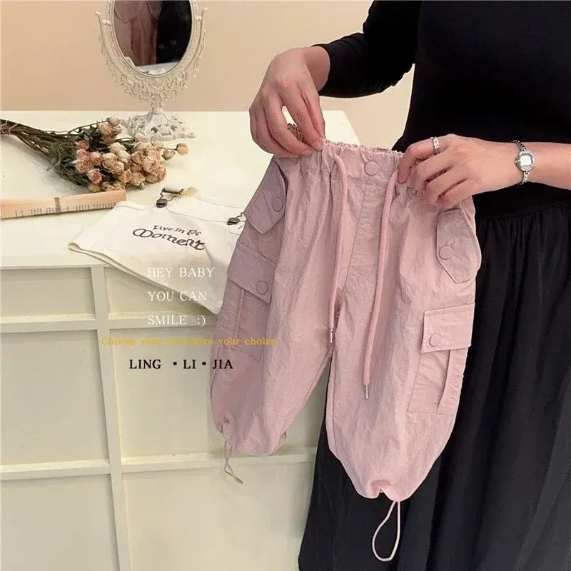 ノースリーブセットアップ キッズセットアップ 2点セット サスペンダーショートタンクトップ+カーゴパンツ ピンク【mh0005824】