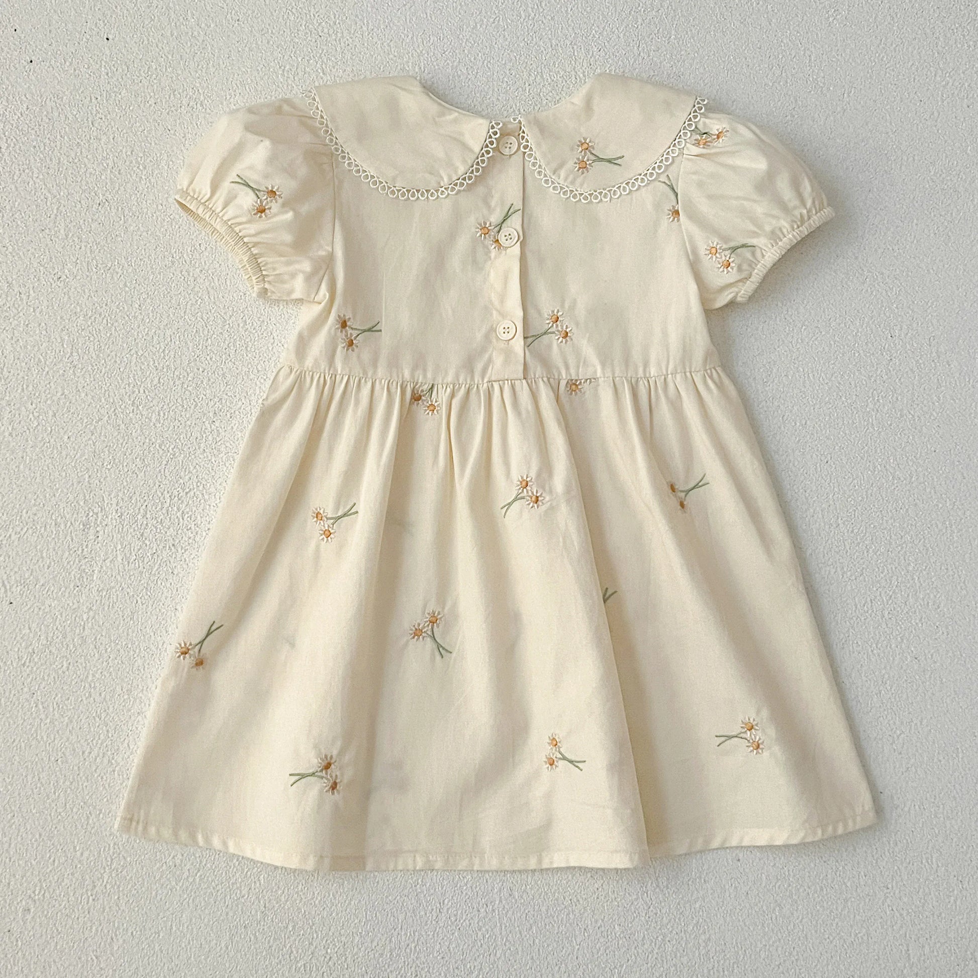 半袖ワンピース キッズワンピース 半袖パフスリーブ フラワー花柄刺繍 丸襟 2カラー【mh0005874】