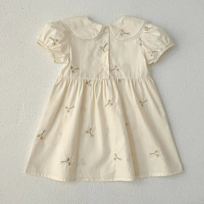 半袖ワンピース キッズワンピース 半袖パフスリーブ フラワー花柄刺繍 丸襟 2カラー【mh0005874】