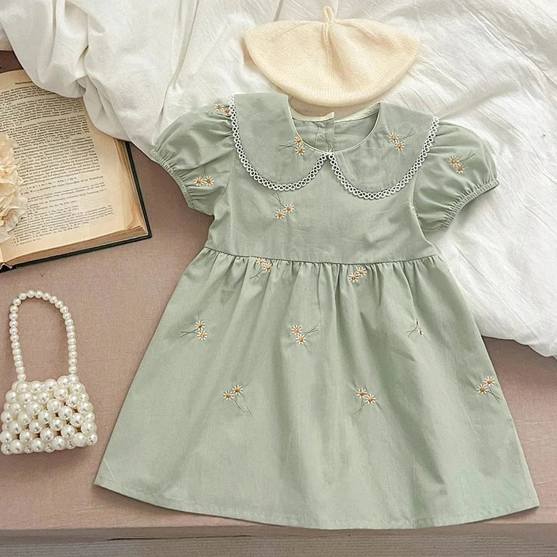 半袖ワンピース キッズワンピース 半袖パフスリーブ フラワー花柄刺繍 丸襟 2カラー【mh0005874】