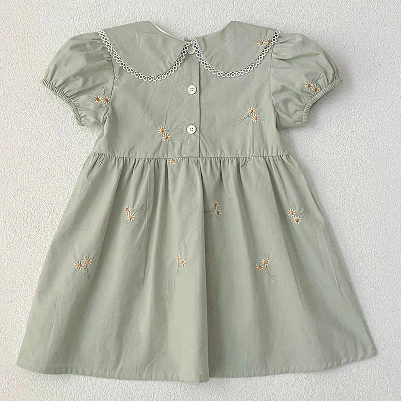 半袖ワンピース キッズワンピース 半袖パフスリーブ フラワー花柄刺繍 丸襟 2カラー【mh0005874】