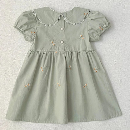 半袖ワンピース キッズワンピース 半袖パフスリーブ フラワー花柄刺繍 丸襟 2カラー【mh0005874】
