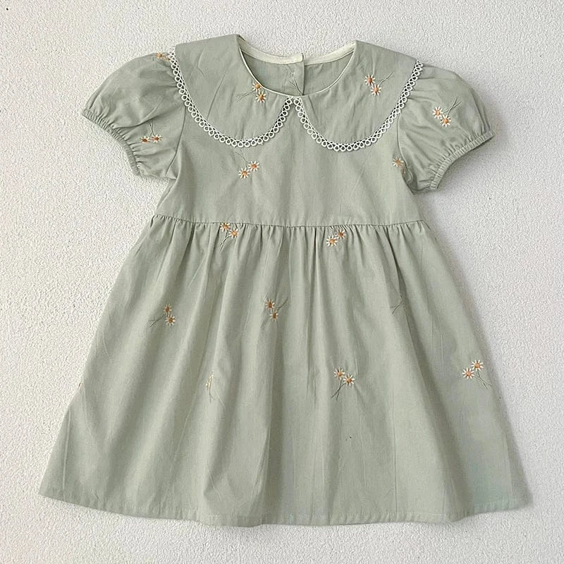 半袖ワンピース キッズワンピース 半袖パフスリーブ フラワー花柄刺繍 丸襟 2カラー【mh0005874】