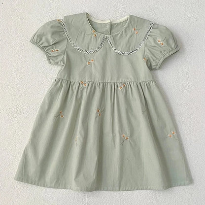 半袖ワンピース キッズワンピース 半袖パフスリーブ フラワー花柄刺繍 丸襟 2カラー【mh0005874】