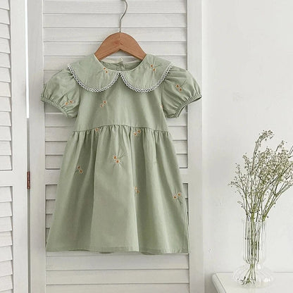 半袖ワンピース キッズワンピース 半袖パフスリーブ フラワー花柄刺繍 丸襟 2カラー【mh0005874】