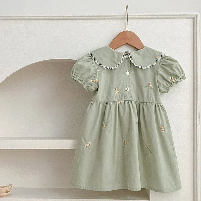 半袖ワンピース キッズワンピース 半袖パフスリーブ フラワー花柄刺繍 丸襟 2カラー【mh0005874】