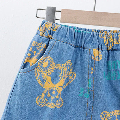 半袖セットアップ キッズセットアップ 2点セット デニム 半袖シャツ+ショートパンツ ベアくまプリント【mh0005880】