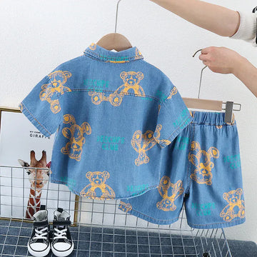 半袖セットアップ キッズセットアップ 2点セット デニム 半袖シャツ+ショートパンツ ベアくまプリント【mh0005880】