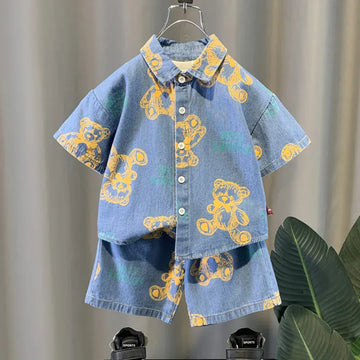 半袖セットアップ キッズセットアップ 2点セット デニム 半袖シャツ+ショートパンツ ベアくまプリント【mh0005880】