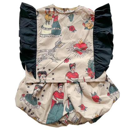 ノースリーブセットアップ キッズセットアップ 2点セット バタフライスリーブトップス+バルーンショートパンツ レトロプリント【mh0005902】