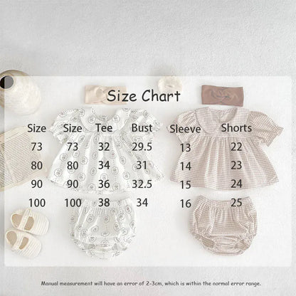 半袖セットアップ ベビーセットアップ 2点セット 半袖丸襟パプスリーブチュニックブラウス+ブルマパンツ フラワー花柄/チェックプリント【mh0005944】