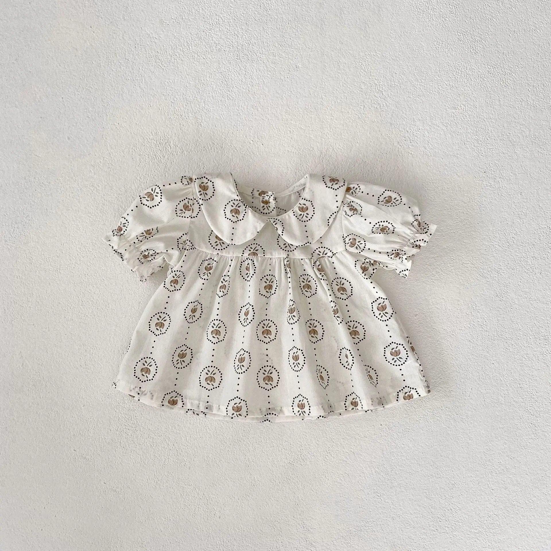 半袖セットアップ ベビーセットアップ 2点セット 半袖丸襟パプスリーブチュニックブラウス+ブルマパンツ フラワー花柄/チェックプリント【mh0005944】