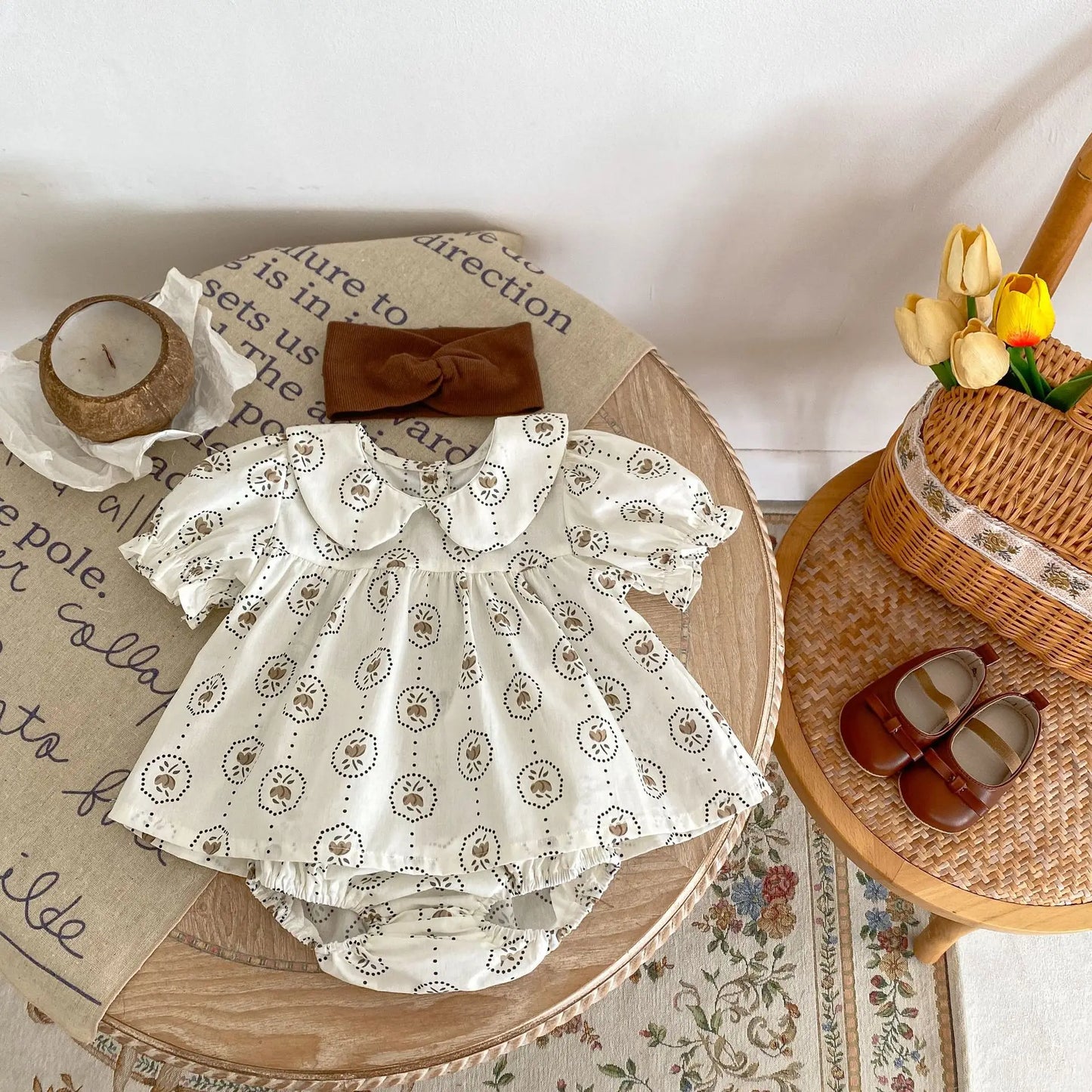 半袖セットアップ ベビーセットアップ 2点セット 半袖丸襟パプスリーブチュニックブラウス+ブルマパンツ フラワー花柄/チェックプリント【mh0005944】