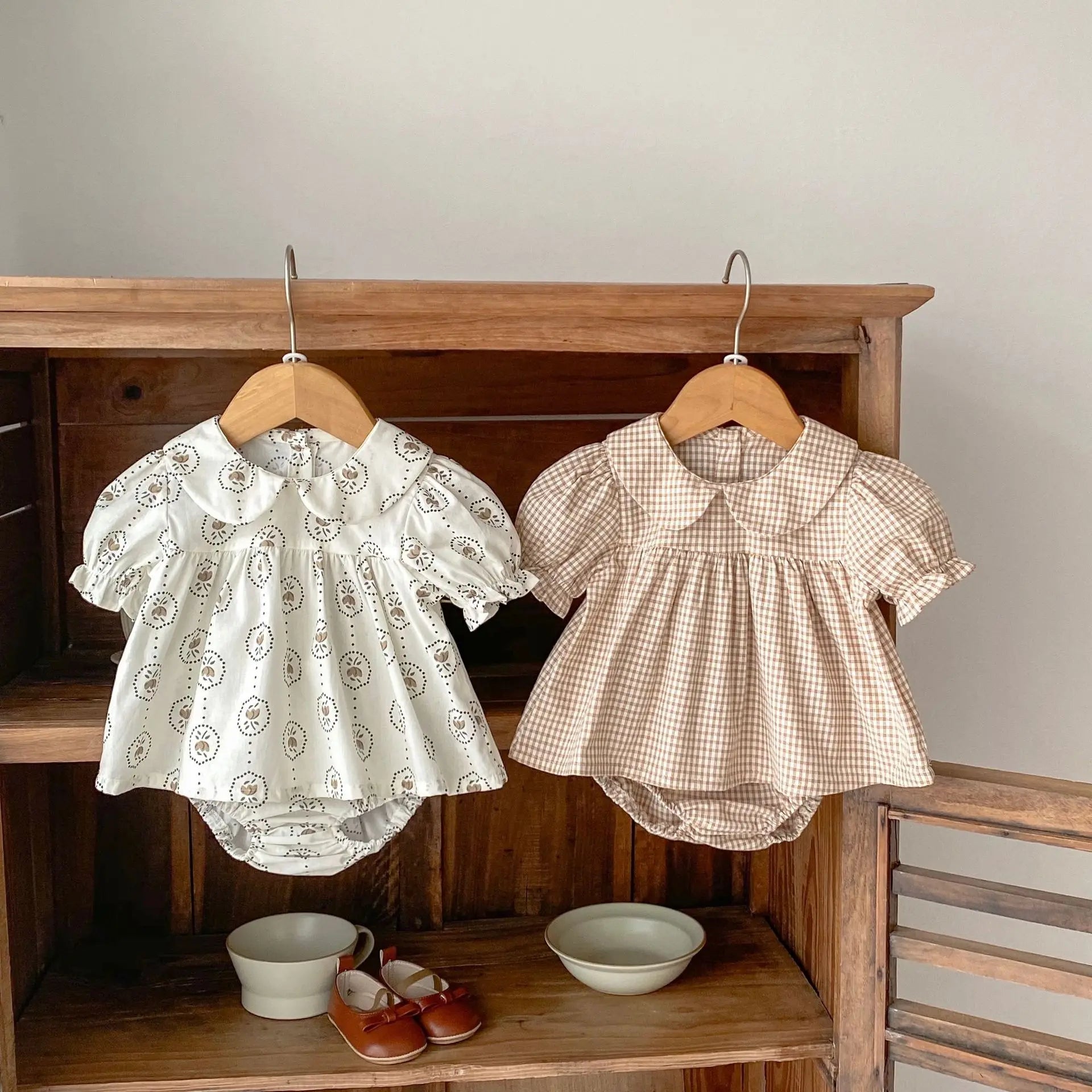 半袖セットアップ ベビーセットアップ 2点セット 半袖丸襟パプスリーブチュニックブラウス+ブルマパンツ フラワー花柄/チェックプリント【mh0005944】