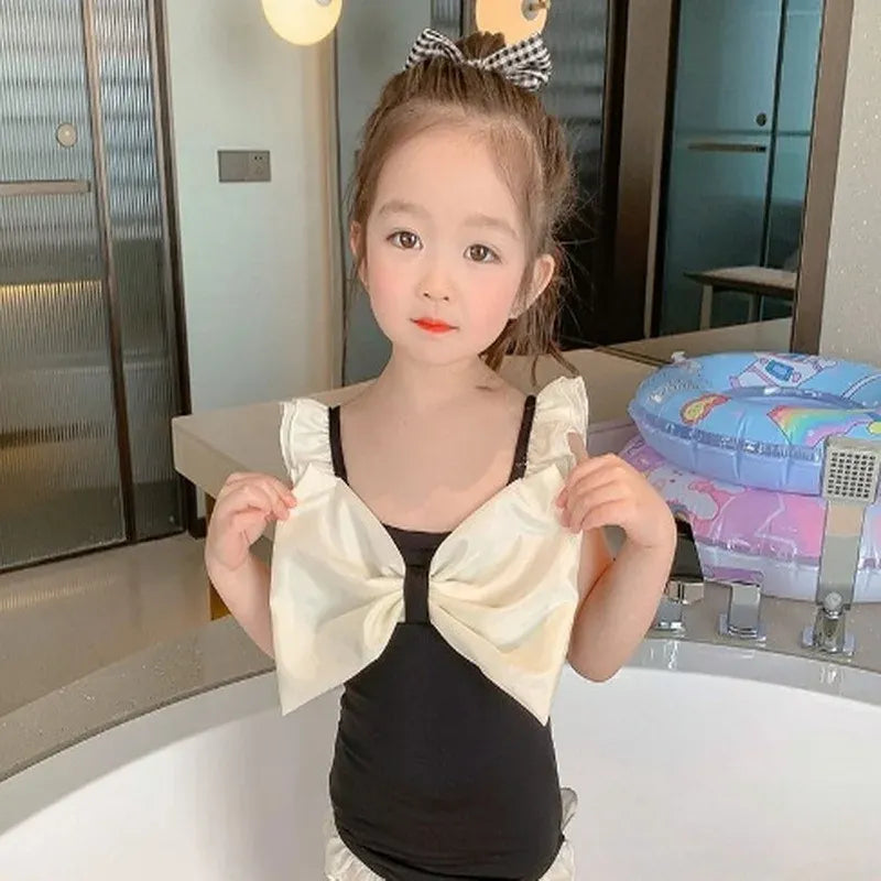 ベビー用水着 キッズ水着 ガールズ ワンピース+帽子セット ビッグリボン スイムウェア 2カラー【mh0005977】