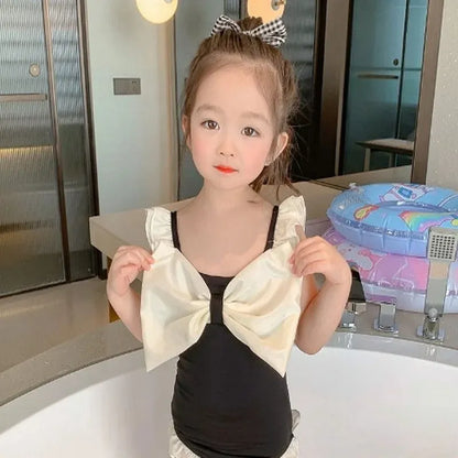 ベビー用水着 キッズ水着 ガールズ ワンピース+帽子セット ビッグリボン スイムウェア 2カラー【mh0005977】