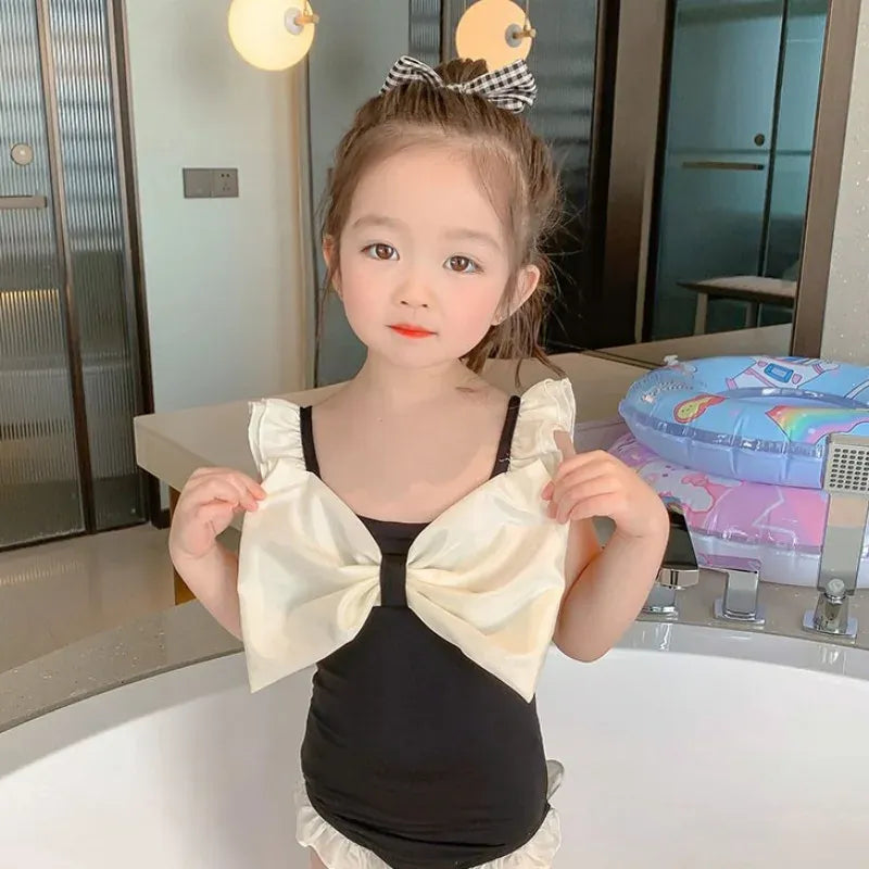 ベビー用水着 キッズ水着 ガールズ ワンピース+帽子セット ビッグリボン スイムウェア 2カラー【mh0005977】