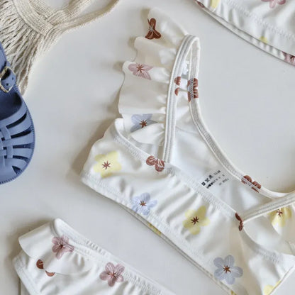 ベビー用水着 キッズ水着 ガールズ ビキニ セパレート フリルトップス+パンツ+帽子セット フラワープリント 2カラー スイムウェア【mh0005995】