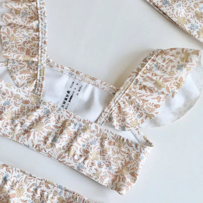 ベビー用水着 キッズ水着 ガールズ ビキニ セパレート フリルトップス+パンツ+帽子セット フラワープリント 2カラー スイムウェア【mh0005995】