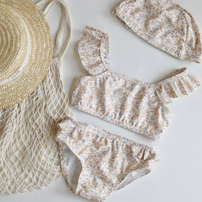 ベビー用水着 キッズ水着 ガールズ ビキニ セパレート フリルトップス+パンツ+帽子セット フラワープリント 2カラー スイムウェア【mh0005995】