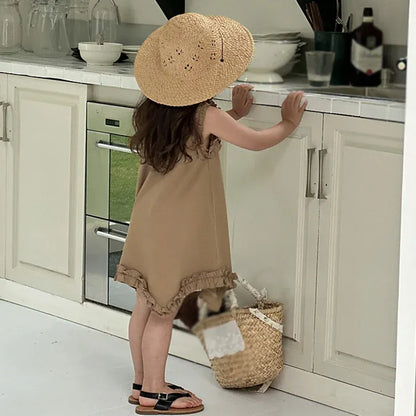 ノースリーブワンピース キッズワンピース ノースリーブフリルワンピース アシメスカート 2カラー【mh0005999】