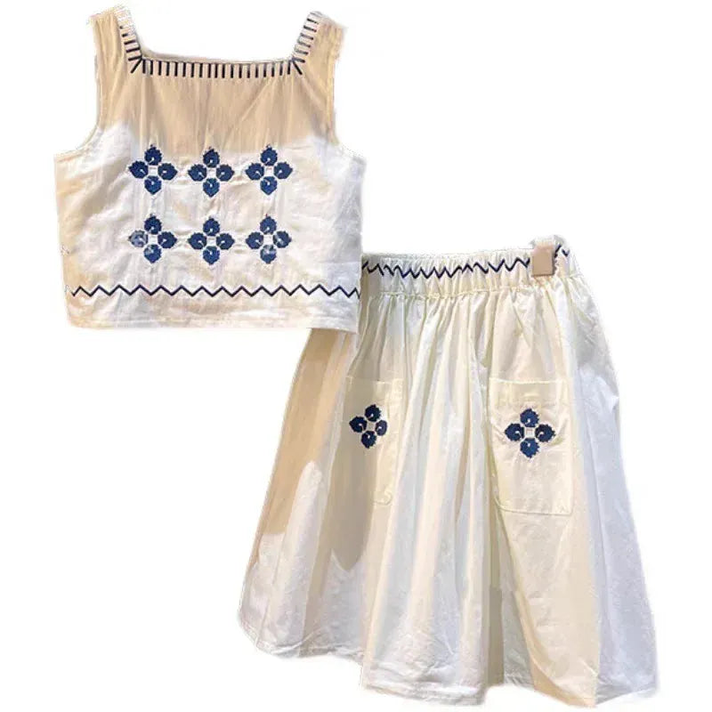 ノースリーブセットアップ キッズセットアップ 2点セット ノースリーブトップス+スカート 刺繍ステッチワンポイント【mh0006003】