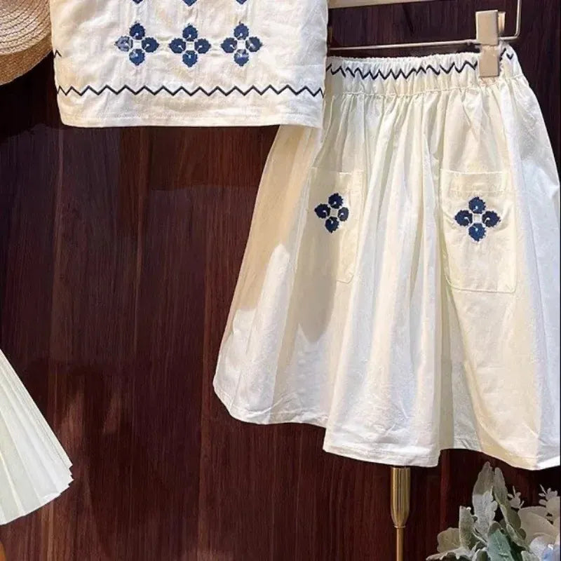 ノースリーブセットアップ キッズセットアップ 2点セット ノースリーブトップス+スカート 刺繍ステッチワンポイント【mh0006003】