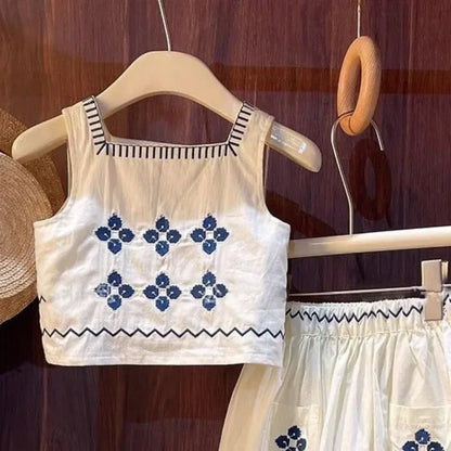 ノースリーブセットアップ キッズセットアップ 2点セット ノースリーブトップス+スカート 刺繍ステッチワンポイント【mh0006003】