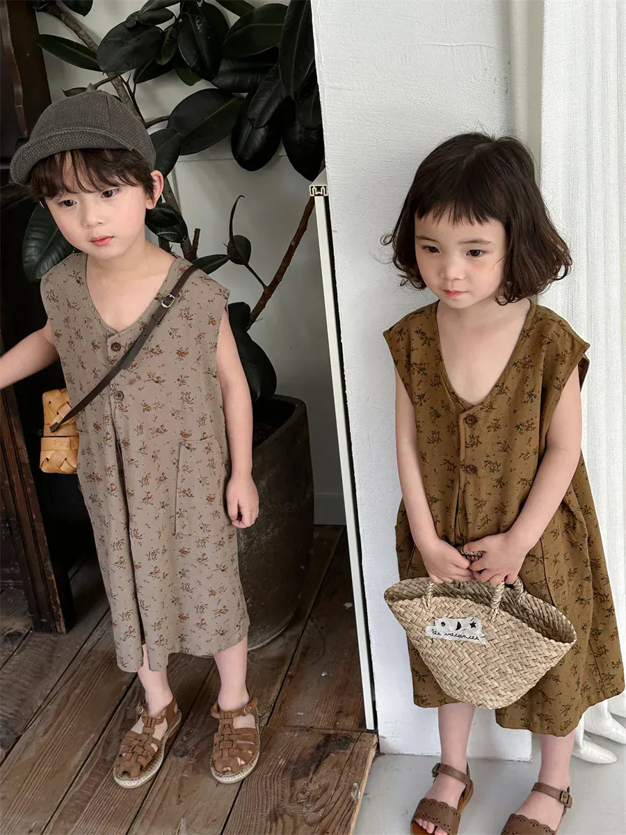 ノースリーブジャンプスーツ キッズジャンプスーツ ノースリーブルーズショートつなぎ フラワー花柄プリント 2カラー【mh0006012】