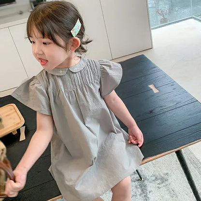 半袖ワンピース キッズワンピース 半袖フライングスリーブ 丸襟 フラワー花柄刺繍 2カラー【mh0006047】