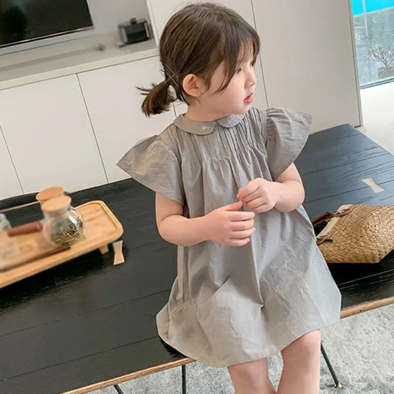 半袖ワンピース キッズワンピース 半袖フライングスリーブ 丸襟 フラワー花柄刺繍 2カラー【mh0006047】