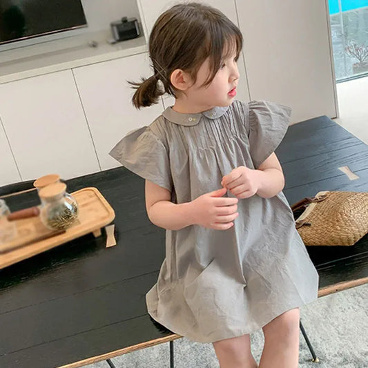 半袖ワンピース キッズワンピース 半袖フライングスリーブ 丸襟 フラワー花柄刺繍 2カラー【mh0006047】