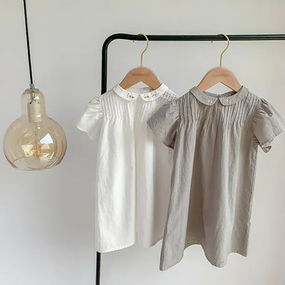 半袖ワンピース キッズワンピース 半袖フライングスリーブ 丸襟 フラワー花柄刺繍 2カラー【mh0006047】