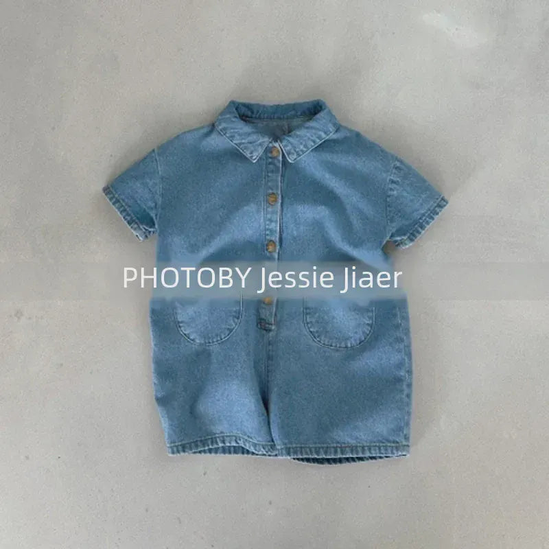 半袖ジャンプスーツ キッズジャンプスーツ デニム 半袖つなぎ ショートジャンプスーツ 2カラー【mh0006051】
