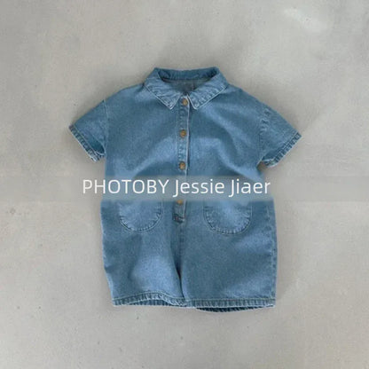 半袖ジャンプスーツ キッズジャンプスーツ デニム 半袖つなぎ ショートジャンプスーツ 2カラー【mh0006051】