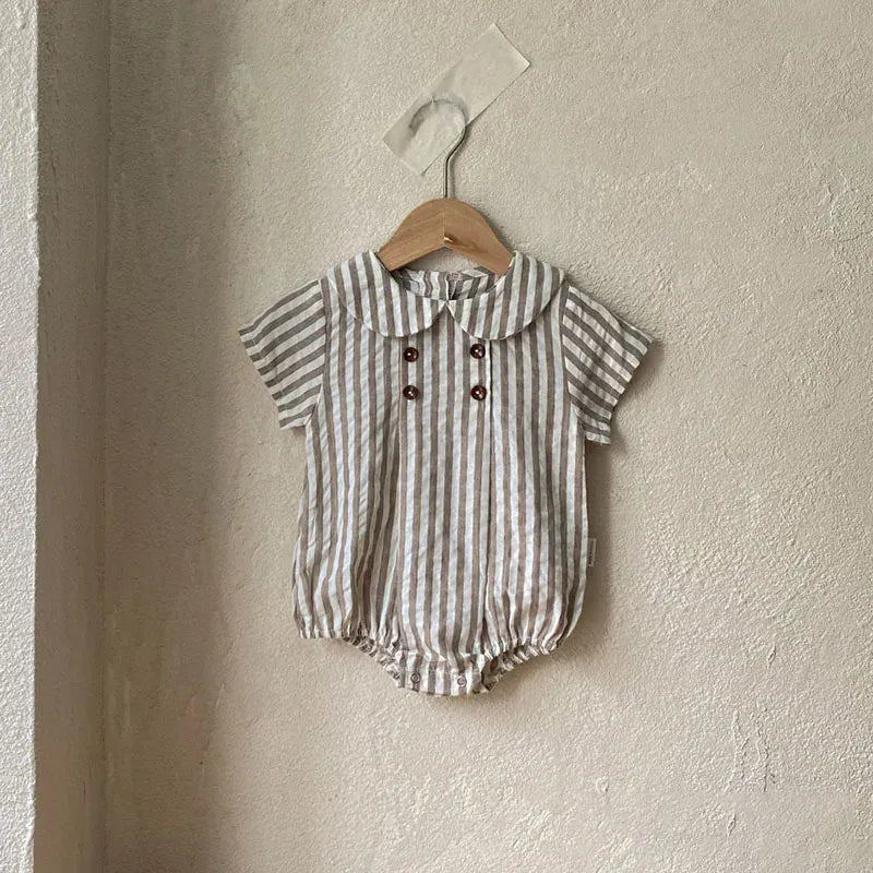 半袖ロンパース ベビーロンパース 半袖丸襟ボディスーツ 無地/ストライプ 2カラー【mh0006052】
