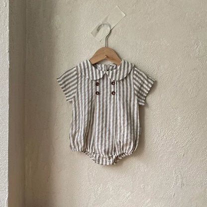半袖ロンパース ベビーロンパース 半袖丸襟ボディスーツ 無地/ストライプ 2カラー【mh0006052】